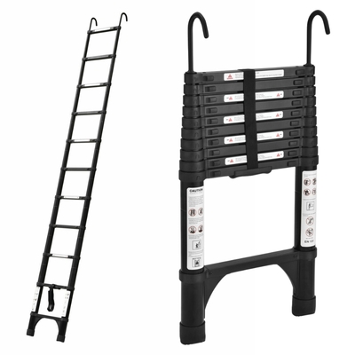 Black 3.8m Portable Telescopic Ladder with Hooks and Carry Bag